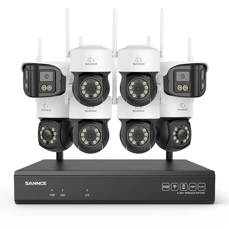 Kit Vidéosurveillance WiFi 5MP 16 Canaux, NVR 8MP, Caméras PT, Détection IA, Audio, Vision Nocturne, Compatible Alexa (6 PT + 2 Double Objectif 4MP)