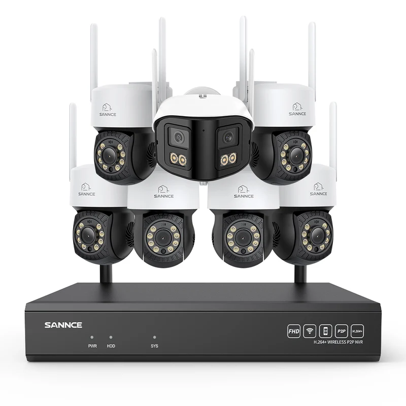 Kit Vidéosurveillance WiFi 5MP 16 Canaux, NVR 8MP, Caméras PT, Détection IA, Audio, Vision Nocturne, Compatible Alexa (6 PT + 1 Double Objectif 4MP)