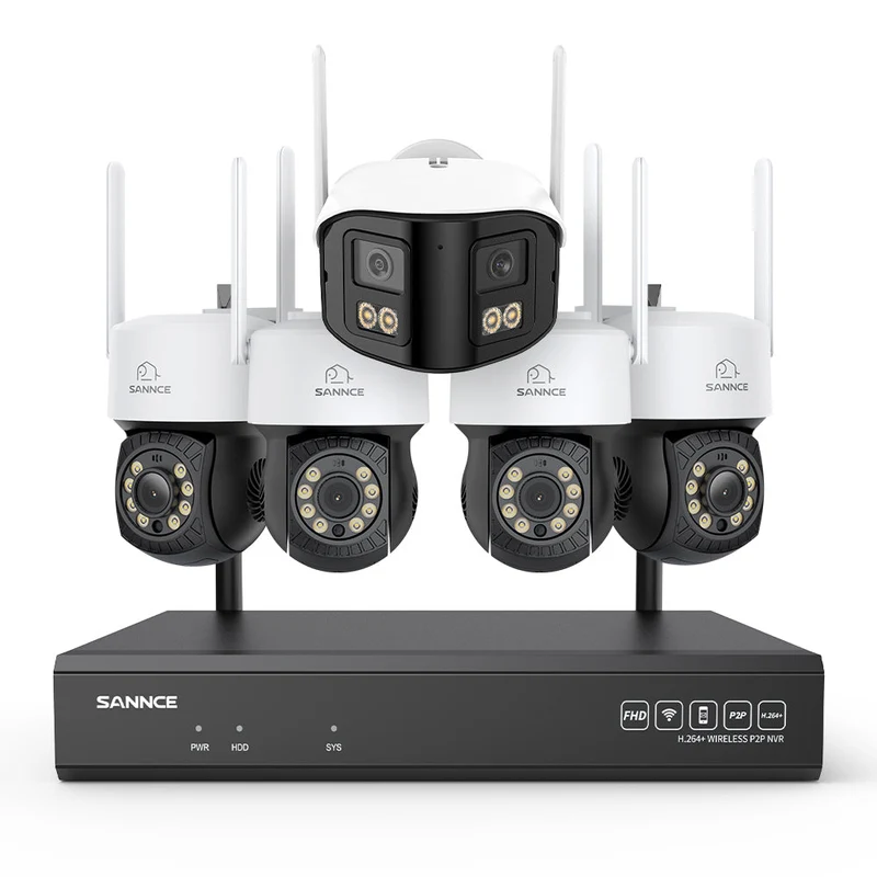 Kit Vidéosurveillance WiFi 5MP 16 Canaux, NVR 8MP, Caméras PT, Détection IA, Audio, Vision Nocturne, Compatible Alexa (4 PT + 1 Double Objectif 4MP)