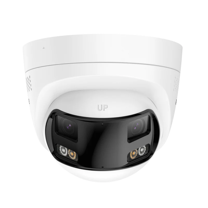 FCD800 - Caméra de sécurité extérieure PoE à double objectif 8MP UHD, vue panoramique à 180°, vision nocturne intelligente à double éclairage, audio bidirectionnel, sirène et alarme actives, détection humaine et de véhicules, IP67