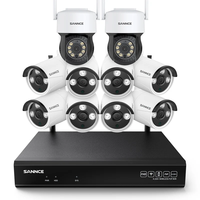 3MP 10 canaux sans fil Système de caméras de vidéosurveillance, 2 PTZ caméras & 8 Bullet caméras , enregistreur NVR 8MP, enregistrement audio, détection humaine IA, compatible avec Alexa