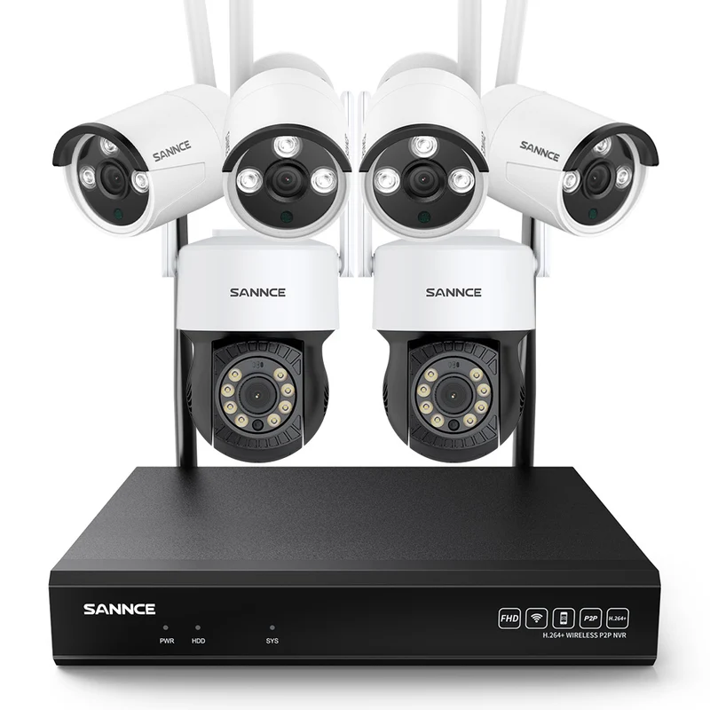 10 Canaux 5MP PT Système de Caméra Sécurité Sans Fil, NVR 8MP, 2 5MP PT Caméra & 4 5MP bullet Caméra, Panoramique & Inclinaison, Audio Bidirectionnel, Étanche IP66, Détection Intelligente de l'IA Humaine, Compatible Avec Alexa
