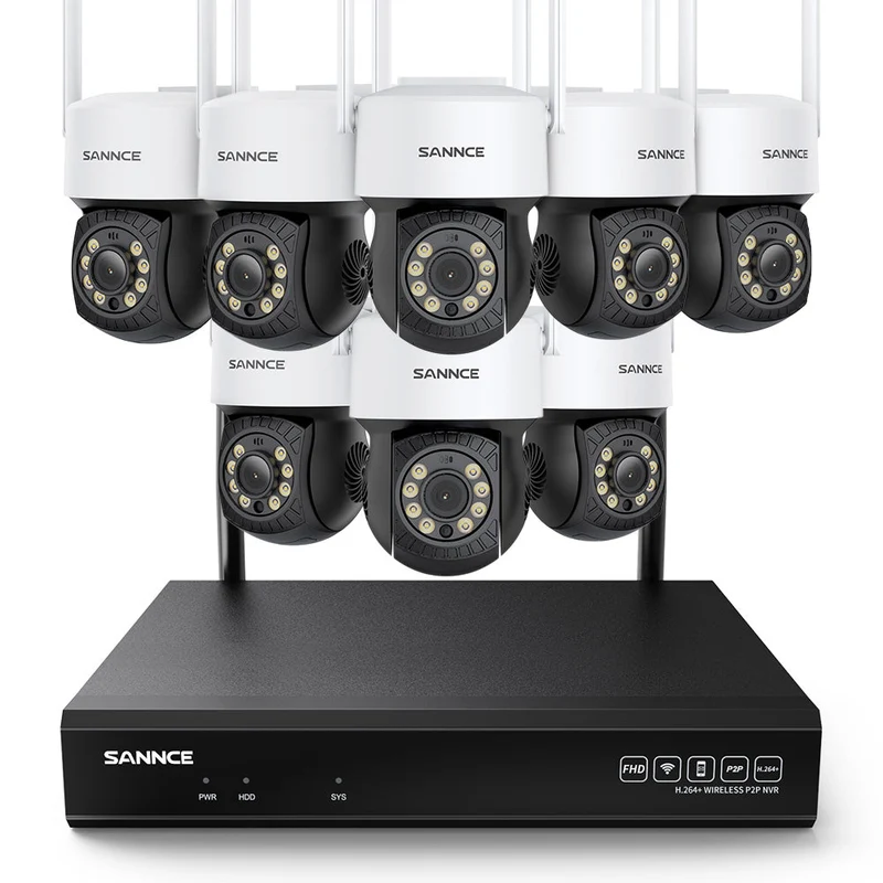 3MP 10 canaux Système de caméra PT CCTV sans fil, NVR 8MP, 8 IP caméras sans fil panoramiques & inclinables, enregistrement audio, détection humaine AI, fonctionne avec Alexa