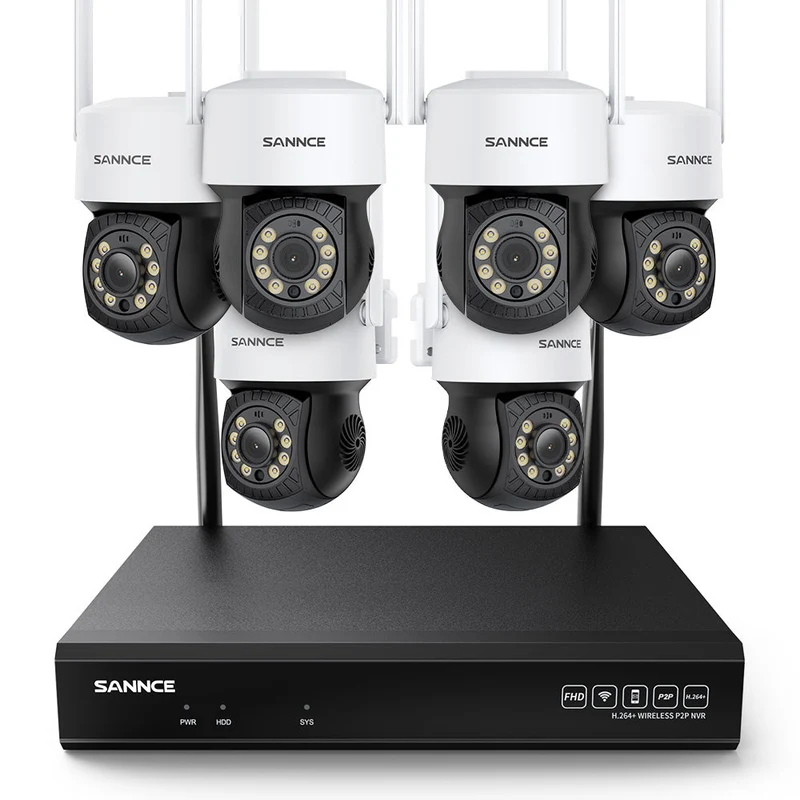 3MP 10 canaux Système de caméra PT CCTV sans fil, NVR 8MP, 6 IP caméras sans fil panoramiques & inclinables, enregistrement audio, détection humaine AI, fonctionne avec Alexa