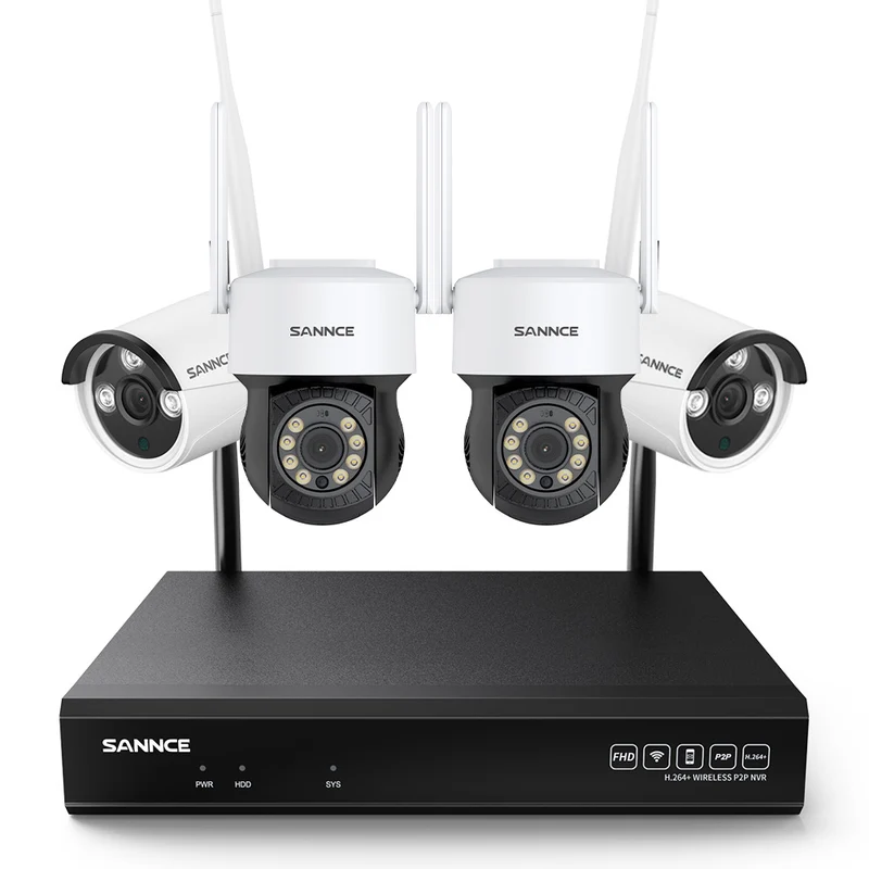 3MP 10 canaux sans fil Système de caméras de vidéosurveillance, 2 PTZ caméras & 2 Bullet caméras , enregistreur NVR 8MP, enregistrement audio, détection humaine IA, compatible avec Alexa