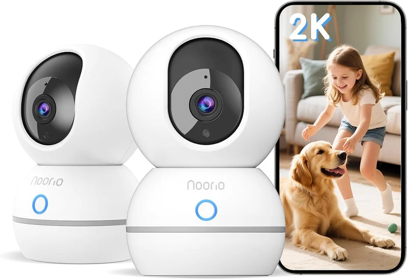 Noorio 2K Wired Security Camera Indoor, Pan/Tilt Pet Camera with Speaker, One Touch Call Dog Cam, Plug-in 24/7 SD&Cloud Storage, Night Vision, 2.4G WiFi Only, 2Pcs