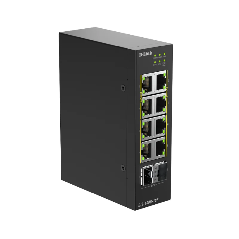 D-Link 8-Port Gigabit Unmanaged Industrial PoE+ Switch with 2 SFP Ports (DIS-100G-10P) 240W PoE Budget, Dual Power Inputs, 6kV Surge Protection, DIN-rail