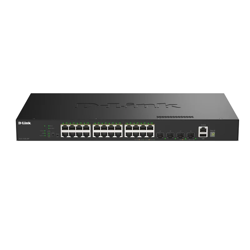 28-Port Gigabit Stackable Managed PoE+ Ethernet Switch with 10GbE Uplinks (DGS-1530-28P) | 24 PoE+Ports (370W) + 4x 10GbE SFP+ Ports, L3 Lite, VLANs, Rackmount, Follows NDAA/TAA