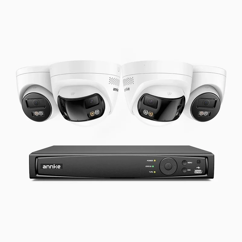 ANNKE Système de Surveillance PoE 4K 8MP 8 Canaux avec 4 Caméras, 2 × Double Objectif 180° + 2 × Caméras IP 4K, Détection de Personnes/Véhicules, Vision Nocturne en Couleur