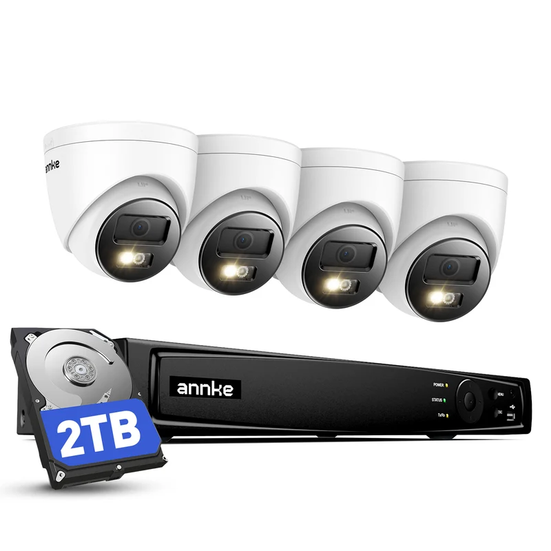ANNKE Kit Caméra Surveillance PoE 4K, NVR 8CH, Disque 2To, 24/7, 4× Caméras IP Turret 8 MP, Smart Dual Light, Vision Nocturne Couleur, Détection IA Personnes et Véhicules