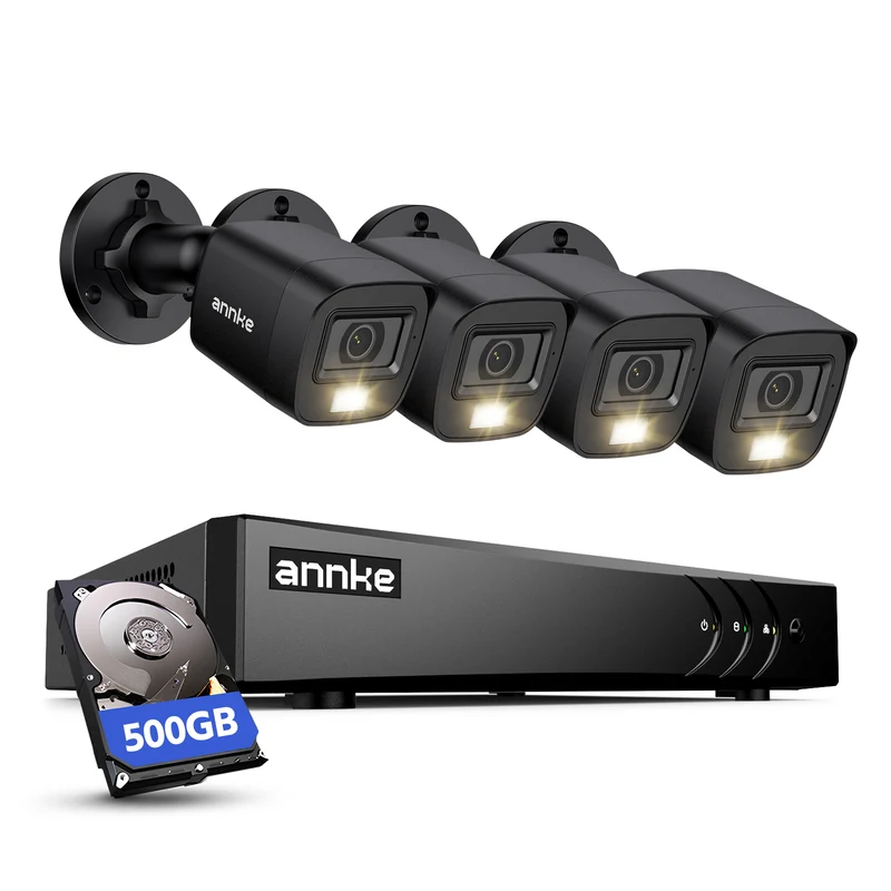 ANNKE 8CH DVR,4X 1080p Filaire Caméras Vision Nocturne en Couleur,500GB HDD, 5MP Lite DVR 8 Canaux, Domestique 24/7,4x2MP Caméras Kit de Surveillance Filaire avec Détection Personne/Véhicule, IP67