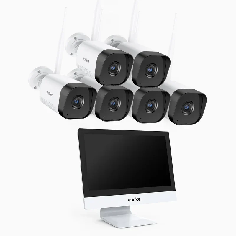 WTL800 - Kit de vidéosurveillance sans fil 4K avec écran 12", NVR 10 canaux et 6 caméras, Wi-Fi double bande 2,4/5,8 GHz, détection humaine, audio bidirectionnel, vision nocturne, compatible Alexa