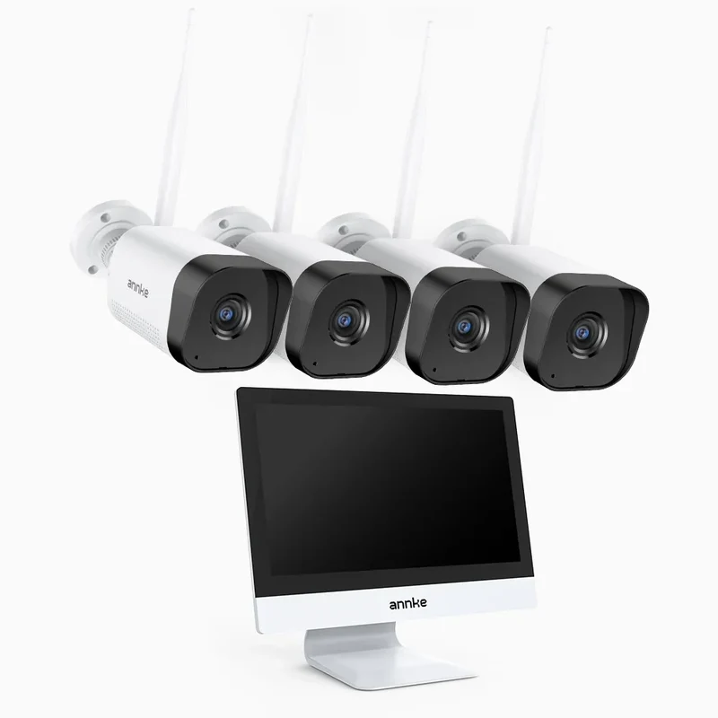 WTL800 - Kit de vidéosurveillance sans fil 4K avec écran 12", NVR 10 canaux et 4 caméras, Wi-Fi double bande 2,4/5,8 GHz, détection humaine, audio bidirectionnel, vision nocturne, compatible Alexa