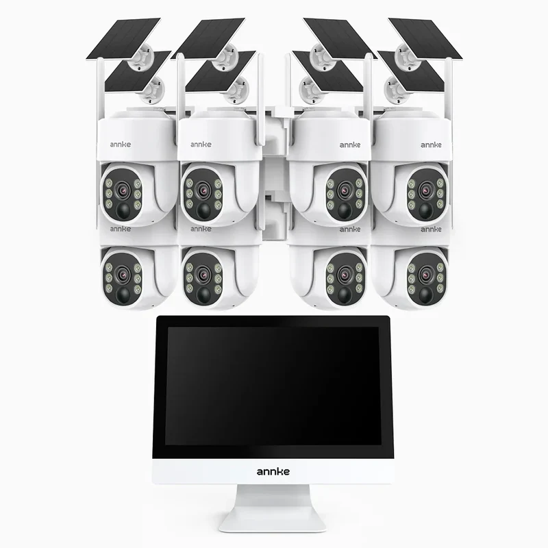 WTB400 - Kit de vidéosurveillance sans fil 4MP avec écran 12", NVR 10 canaux et 8 caméras solaires, détection de mouvement, audio bidirectionnel, batterie rechargeable 9000 mAh, rotation 270° et inclinaison 90°, compatible Alexa