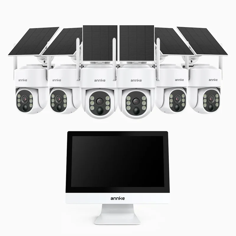 WTB400 - Kit de vidéosurveillance sans fil 4MP avec écran 12", NVR 10 canaux et 6 caméras solaires, détection de mouvement, audio bidirectionnel, batterie rechargeable 9000 mAh, rotation 270° et inclinaison 90°, compatible Alexa