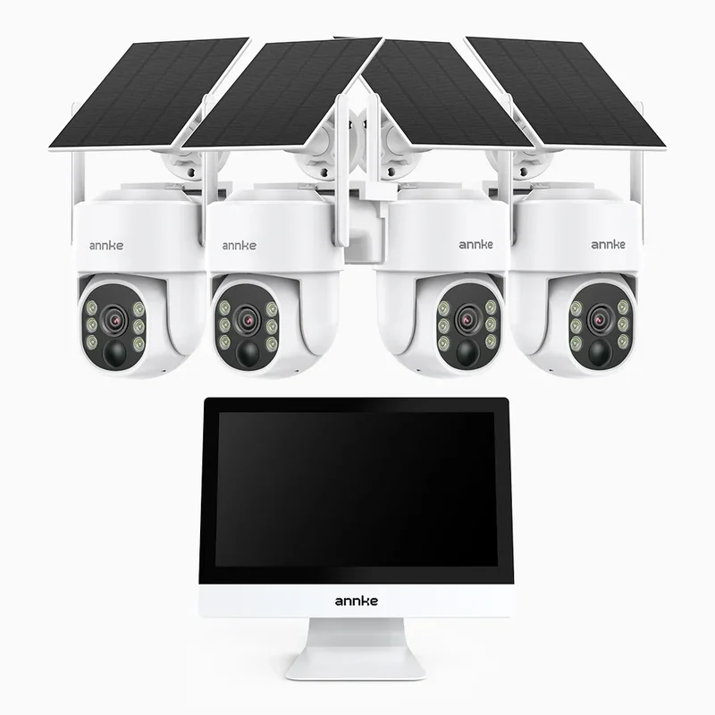 WTB400 - Kit de vidéosurveillance sans fil 4MP avec écran 12", NVR 10 canaux et 4 caméras solaires, détection de mouvement, audio bidirectionnel, batterie rechargeable 9000 mAh, rotation 270° et inclinaison 90°, compatible Alexa