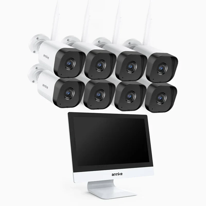 WTL500 - Kit vidéo surveillance sans fil 5MP avec écran 12", NVR 10 canaux et 8 caméras, vision nocturne EXIR, audio bidirectionnel, compatible Alexa, IP66