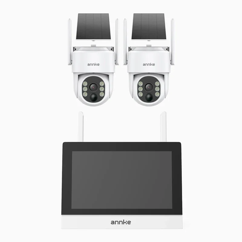 WTB400 - Kit de vidéosurveillance sans fil 4MP avec écran 7", NVR 4 canaux et 2 caméras solaires, détection de mouvement, audio bidirectionnel, batterie rechargeable 9000 mAh, rotation 270° et inclinaison 90°, compatible Alexa