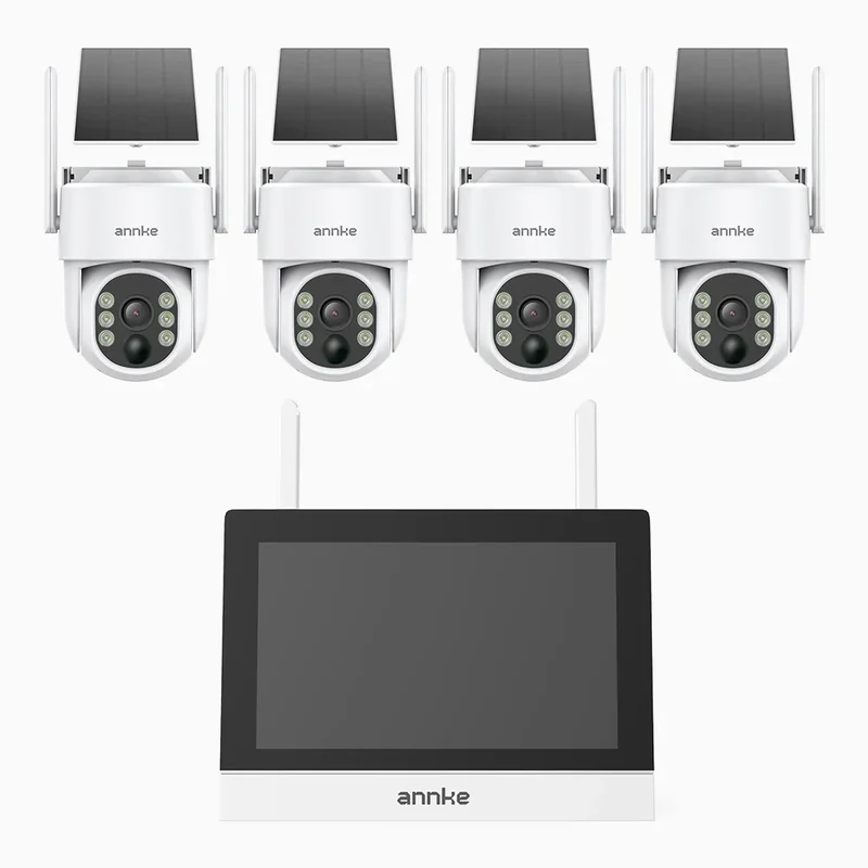 WTB400 - Kit de vidéosurveillance sans fil 4MP avec écran 7", NVR 4 canaux et 4 caméras solaires, détection de mouvement, audio bidirectionnel, batterie rechargeable 9000 mAh, rotation 270° et inclinaison 90°, compatible Alexa