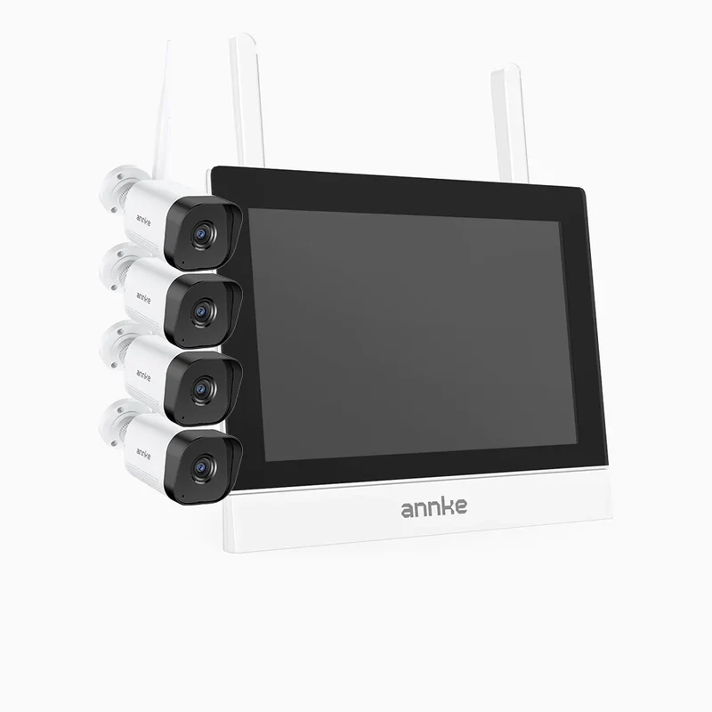 WTL500 - Kit vidéo surveillance sans fil 5MP avec écran 12", NVR 4 canaux et 4 caméras, vision nocturne EXIR, audio bidirectionnel, compatible Alexa, IP66