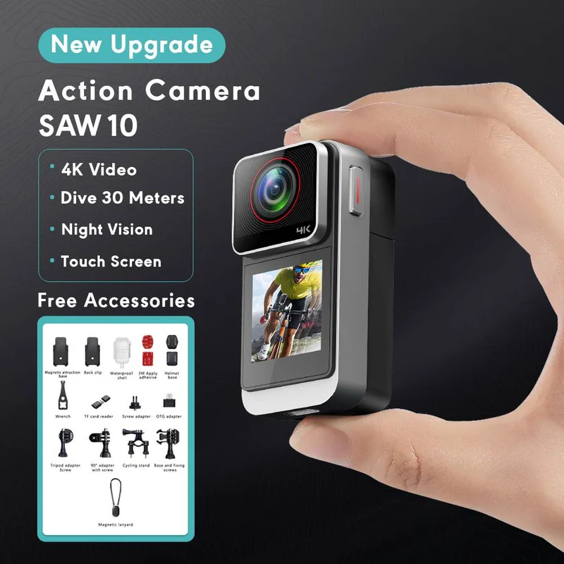 SAW10 4K HD Thumb Action Mini Camera with 1.3“ IPS full-touch HD Screen Easily & Waterproof Cover can made to Dive 30metres