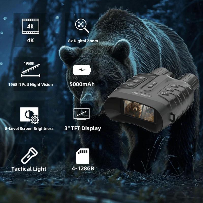 As8801 Full Night Vision Binoculars Googles with 4K HD Video Size & 3" TFT LCD Display 8X Digital Zoom IP 65 Waterproof