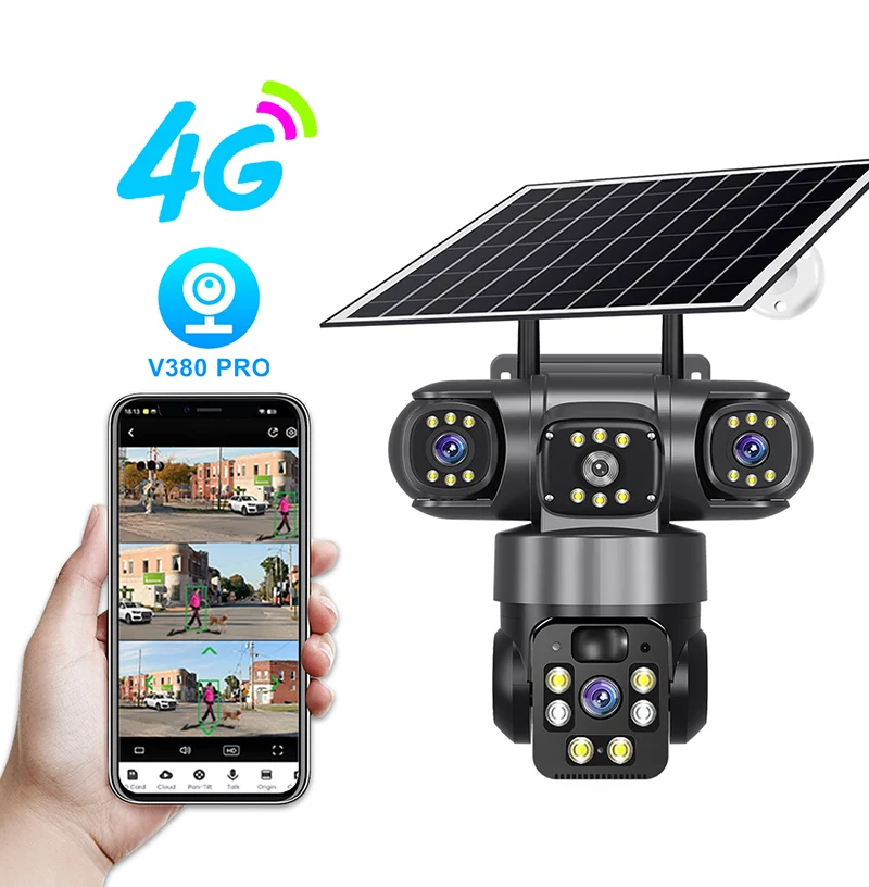PIR & Radar Dual Induction Detection HD Solar 4G Mobile PTZ camera with Tri-Lenz & Free APP Live Monitoring