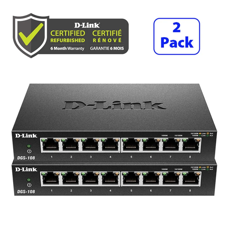 [Certified Refurbished] 8-Port Gigabit Metal Desktop Switch 2 Pack - DGS-108/2PK RE