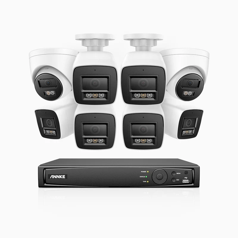 H800 - Kit de surveillance PoE 4K à 16 canaux avec 6 caméras bullet et 2 caméras tourelle, vision nocturne en couleur et infrarouge, Détection Personne-Véhicule, Microphone intégré, Champ de vision de 96°, RTSP et ONVIF pris en charge