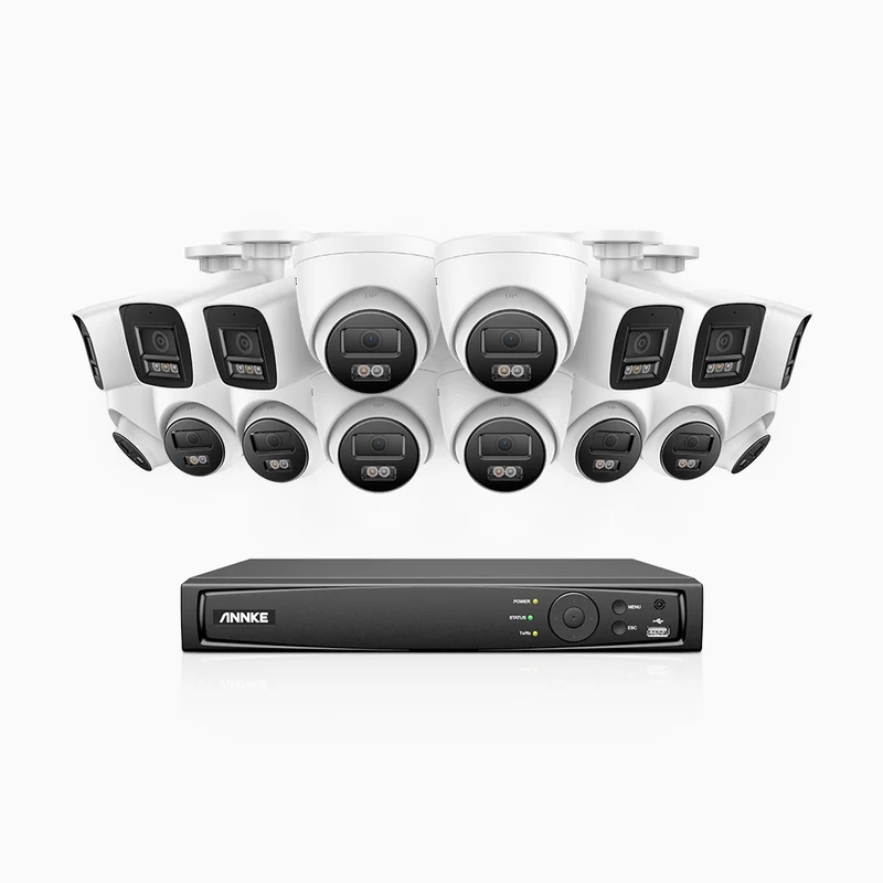 H800 - Kit de surveillance PoE 4K à 16 canaux avec 6 caméras bullet et 10 caméras tourelle, Microphone intégré, vision nocturne en couleur et infrarouge, Détection Personne-Véhicule, Champ de vision de 96°, RTSP et ONVIF pris en charge