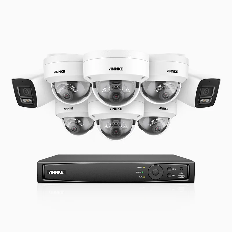 H800 - Kit de surveillance PoE 4K à 16 canaux avec 2 caméras bullet et 6 caméras dôme, anti-vandalisme IK10, vision nocturne en couleur et infrarouge, Détection Personne-Véhicule, Microphone intégré, Champ de vision de 96°, RTSP et ONVIF pris en charge