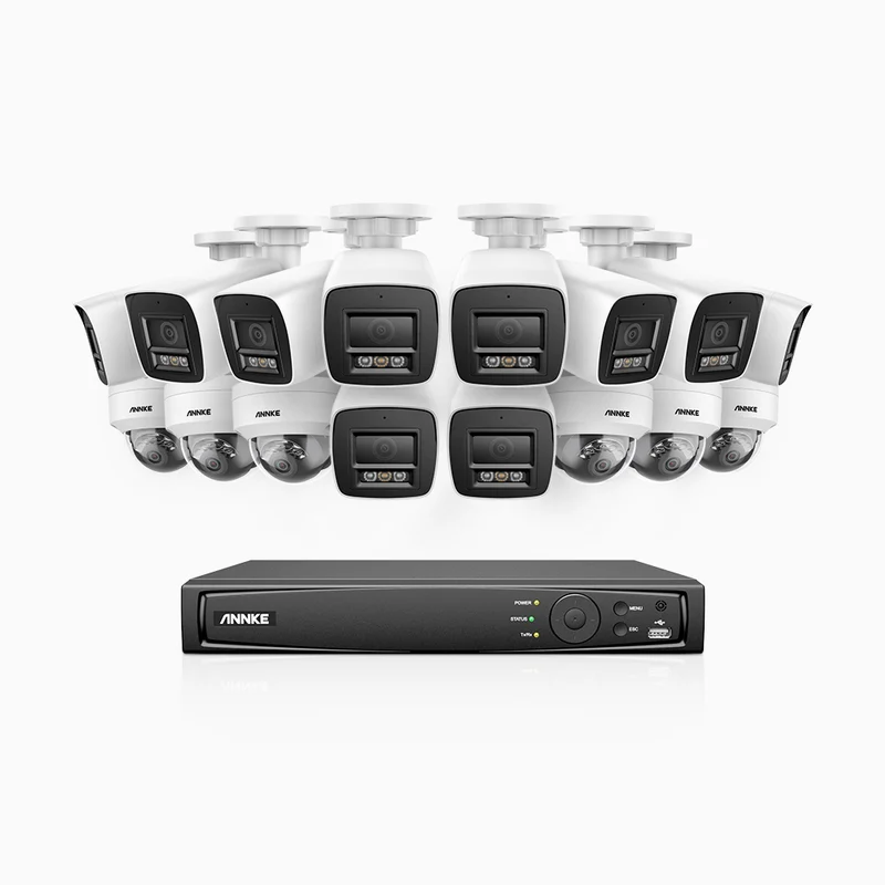 H800 - Kit de surveillance PoE 4K à 16 canaux avec 10 caméras bullet et 6 caméras dôme, anti-vandalisme IK10, vision nocturne en couleur et infrarouge, tection de personnes et de véhicules, Microphone intégré, Champ de vision de 96°, RTSP pris en charge
