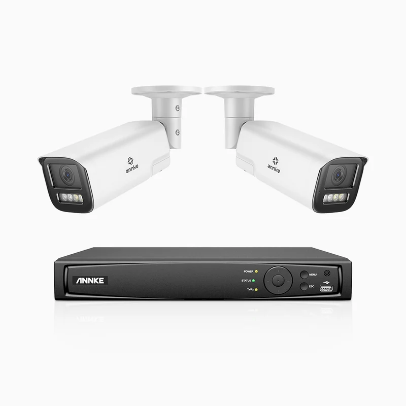 HZ804 - Kit de surveillance 4K à 4 canaux avec 2 PoE caméras, Zoom optique 4X, vision nocturne à deux lumières, détection de mouvement 2.0, Microphone intégré, sirène et alarme stroboscopique