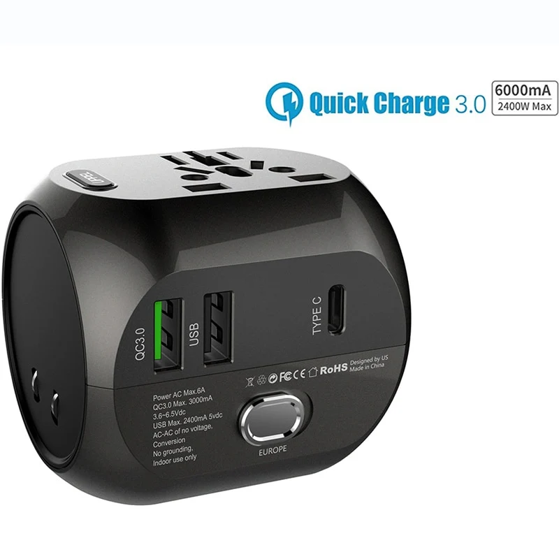 Universal EU US AU & UK All in One Travel Adapter Kit with Multi-port Quick Charger 3.0 USB Type C