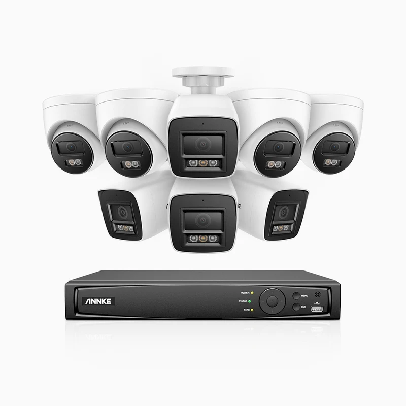 H1200 - Kit de surveillance PoE 4K 12MP à 8 canaux avec 4 caméras bullet et 4 caméra tourelle, vision nocturne couleur et IR, détection humaine et véhiculaire, H.265+, microphone intégré, stockage local maximal de 512 Go, IP67
