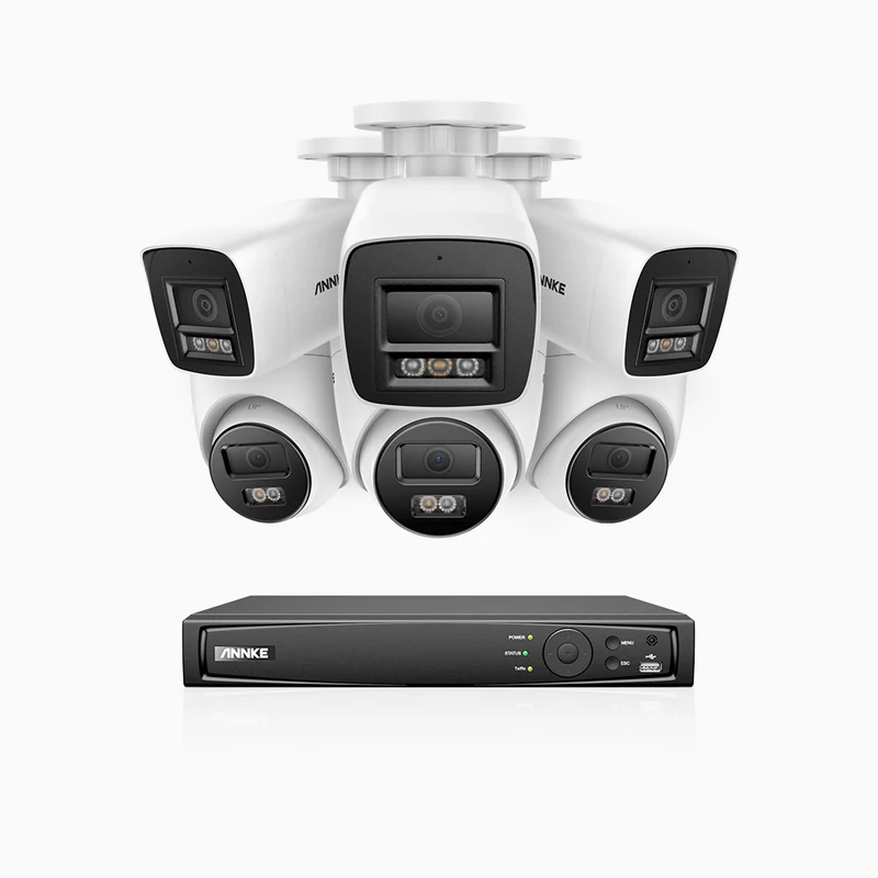 H1200 - Kit de surveillance PoE 4K 12MP à 8 canaux avec 3 caméras bullet et 3 caméra tourelle, vision nocturne couleur et IR, détection humaine et véhiculaire, H.265+, microphone intégré, stockage local maximal de 512 Go, IP67