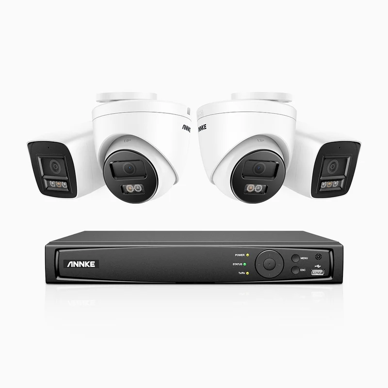 H1200 - Kit de surveillance PoE 4K 12MP à 8 canaux avec 2 caméras bullet et 2 caméra tourelle, vision nocturne couleur et IR, détection humaine et véhiculaire, H.265+, microphone intégré, stockage local maximal de 512 Go, IP67