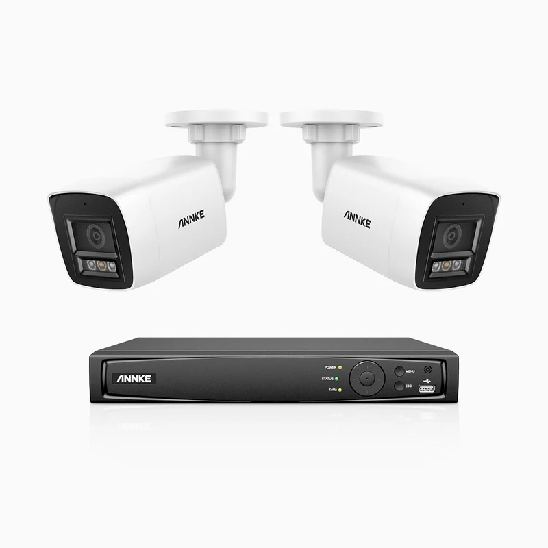 H1200 - Kit de surveillance PoE 4K 12MP à 8 canaux avec 2 caméras, vision nocturne couleur et IR, détection humaine et véhiculaire, H.265+, microphone intégré, stockage local maximal de 512 Go, IP67