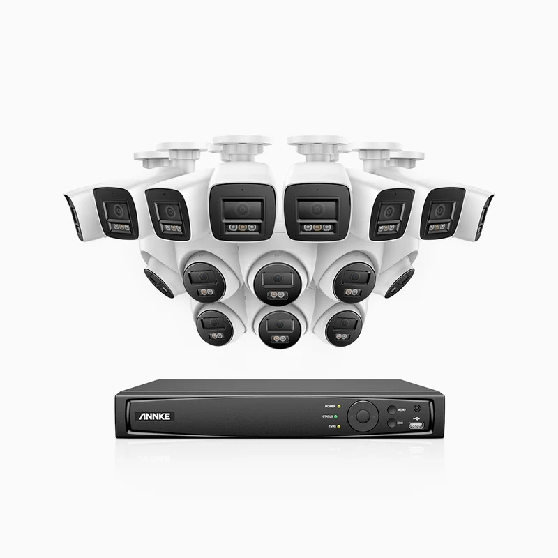 H1200 - Kit de surveillance PoE 4K 12MP à 16 canaux avec 8 caméras bullet et 8 caméra tourelle, vision nocturne couleur et IR, détection humaine et véhiculaire, H.265+, microphone intégré, stockage local maximal de 512 Go, IP67