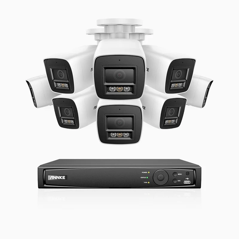 H1200 - Kit de surveillance PoE 4K 12MP à 16 canaux avec 8 caméras, vision nocturne couleur et IR, détection humaine et véhiculaire, H.265+, microphone intégré, stockage local maximal de 512 Go, IP67