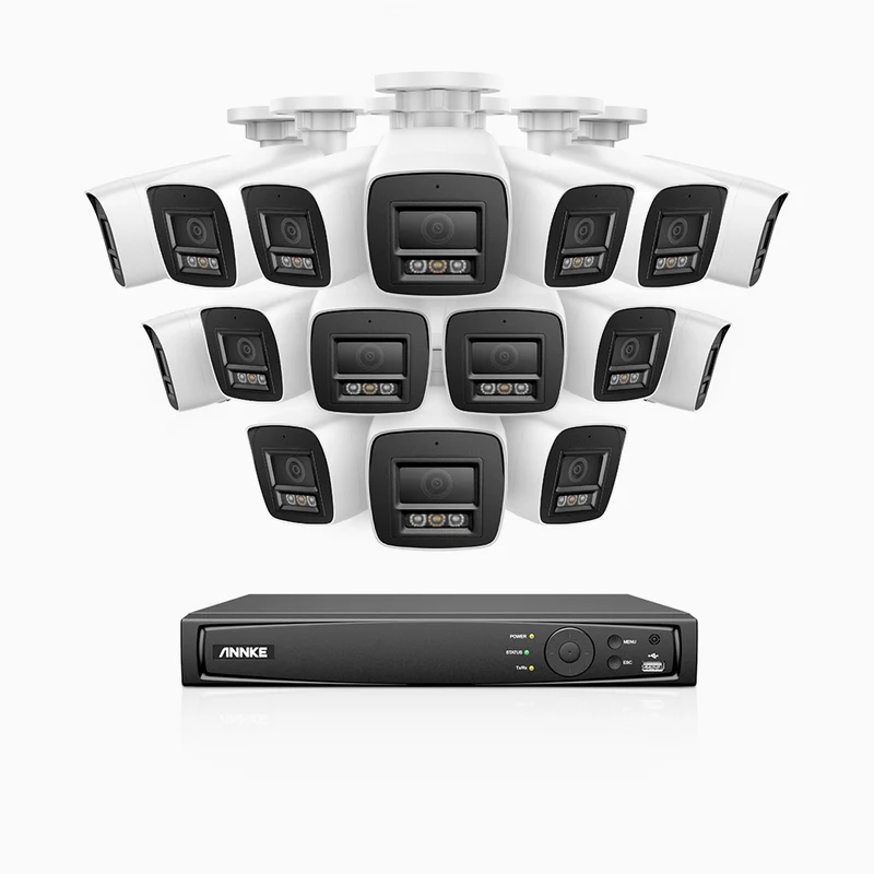 H1200 - Kit de surveillance PoE 4K 12MP à 16 canaux avec 16 caméras, vision nocturne couleur et IR, détection humaine et véhiculaire, H.265+, microphone intégré, stockage local maximal de 512 Go, IP67