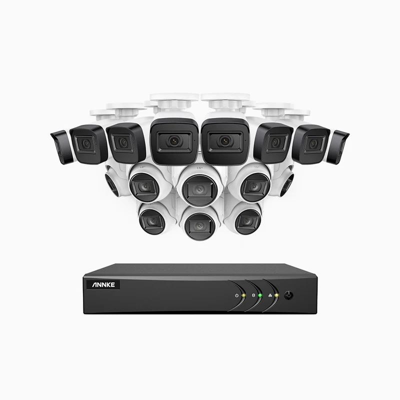 EL200 - Kit de surveillance filaire 1080p à 16 canaux avec 8 caméras bullet et 8 caméra tourelle, DVR intelligent avec détection humaine et véhicule, vision nocturne infrarouge de 66 pieds, signal de sortie 4-en-1, IP67
