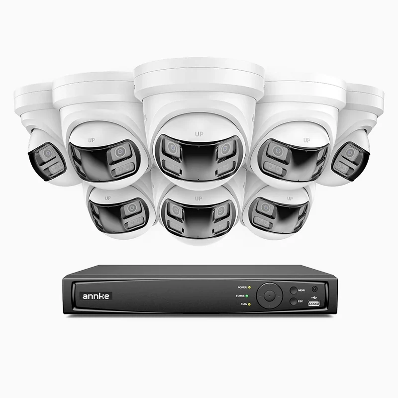 FDH800P - Kit de surveillance PoE 8MP à 8 canaux avec 8 caméras, double objectif, Vue Panoramique 180°, Boîtier Tout Métal, Smart Motion 2.0, Vision Nocturne, Audio Bidirectionnel, Sirène & Alarme Active, Détection Humaine et Véhicule, IP67