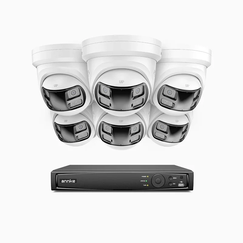 FDH800P - Kit de surveillance PoE 8MP à 8 canaux avec 6 caméras, double objectif, Vue Panoramique 180°, Boîtier Tout Métal, Smart Motion 2.0, Vision Nocturne, Audio Bidirectionnel, Sirène & Alarme Active, Détection Humaine et Véhicule, IP67