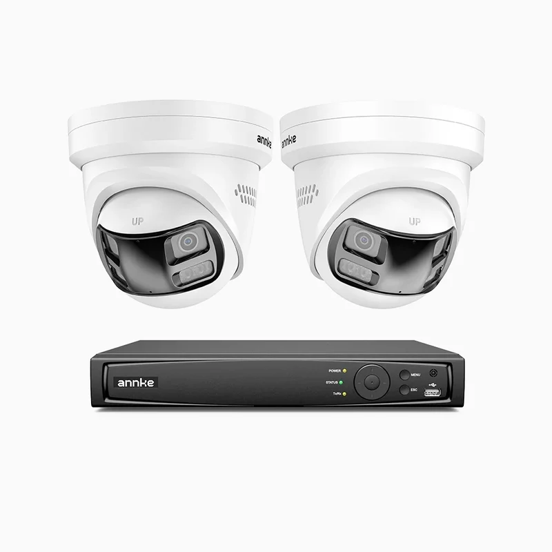 FDH800P - Kit de surveillance PoE 8MP à 8 canaux avec 2 caméras, double objectif, Vue Panoramique 180°, Boîtier Tout Métal, Smart Motion 2.0, Vision Nocturne, Audio Bidirectionnel, Sirène & Alarme Active, Détection Humaine et Véhicule, IP67