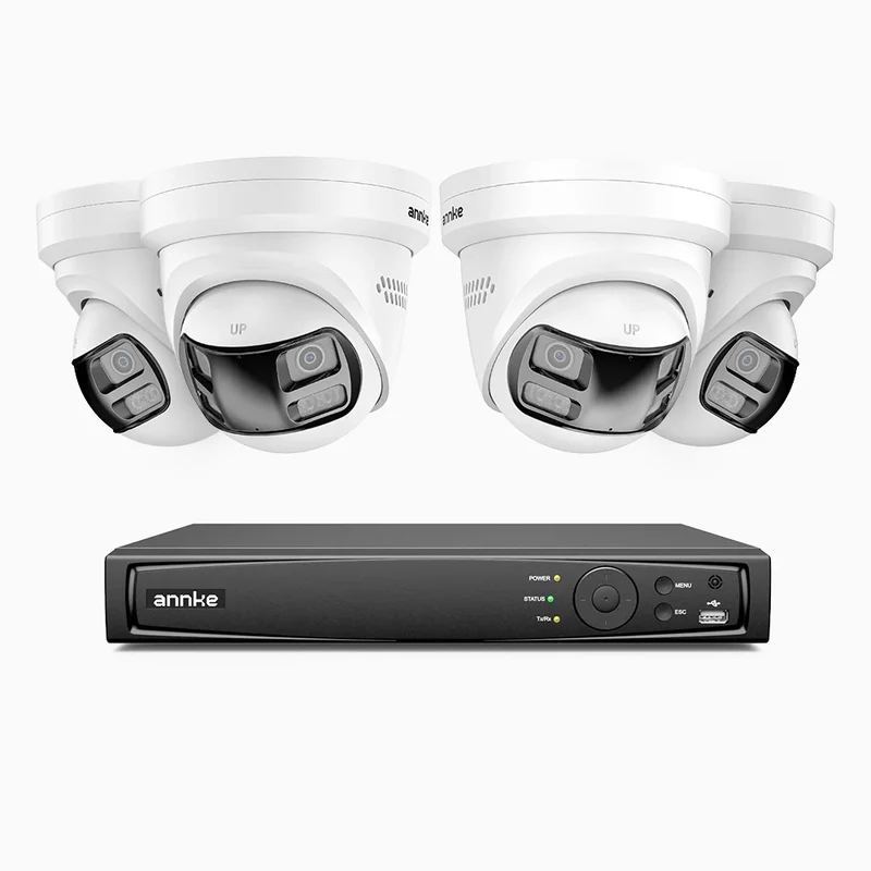 FDH800P - Kit de surveillance PoE 8MP à 8 canaux avec 4 caméras, double objectif, Vue Panoramique 180°, Boîtier Tout Métal, Smart Motion 2.0, Vision Nocturne, Audio Bidirectionnel, Sirène & Alarme Active, Détection Humaine et Véhicule, IP67