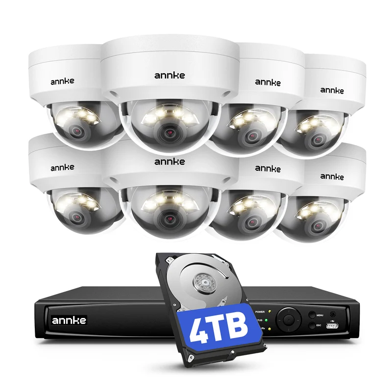 ANNKE Kit de caméra de surveillance 4K, vidéosurveillance avec 8 x 8 MP PoE IP IK10 et disque dur 16 CH 4 To 12 MP NVR, détection de personnes et de véhicule, IP67, vision nocturne de 100 pieds pour