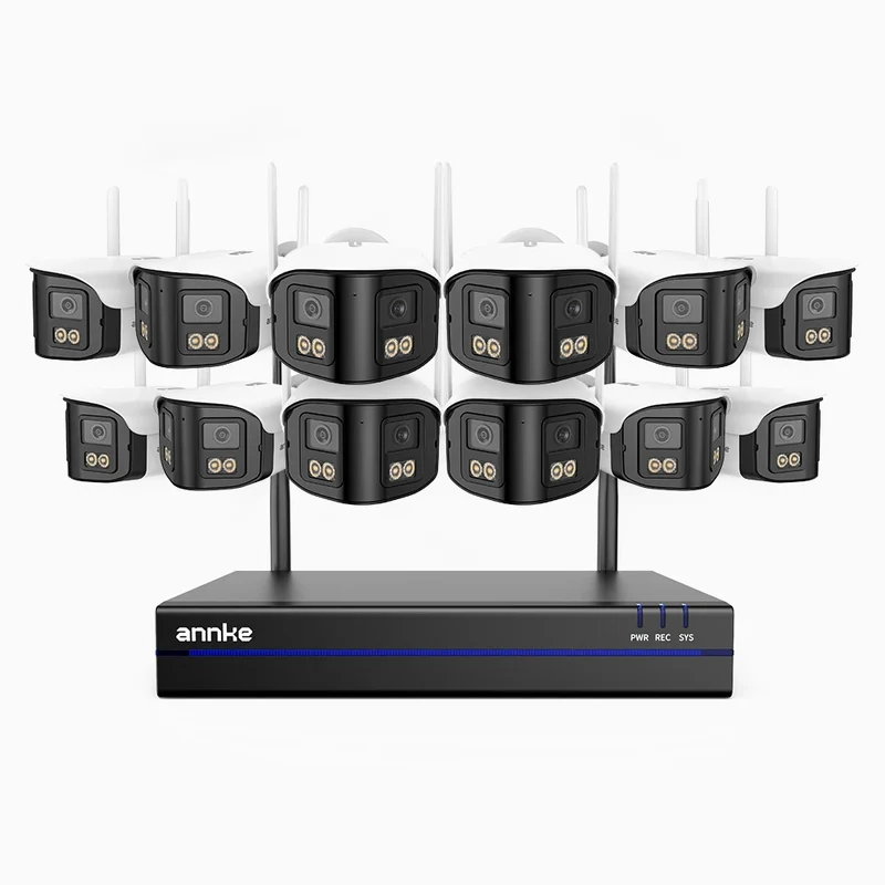 WSCD400P - Kit vidéo surveillance sans fil 4MP à 16 canaux avec 12 caméras double objectif, angle 170°, WiFi bi-bande 2,4/5 GHz, vision nocturne en couleur, détection de mouvement, audio bidirectionnel, compatible avec Alexa