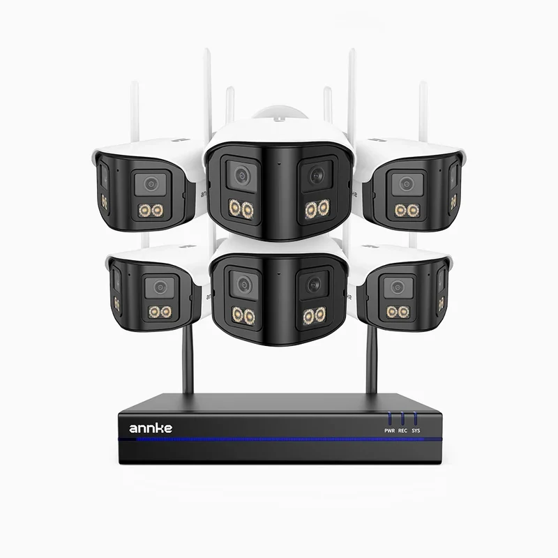 WSCD400P - Kit vidéo surveillance sans fil 4MP à 8 canaux avec 6 caméras double objectif, angle 170°, WiFi bi-bande 2,4/5 GHz, vision nocturne en couleur, détection de mouvement, audio bidirectionnel, compatible avec Alexa