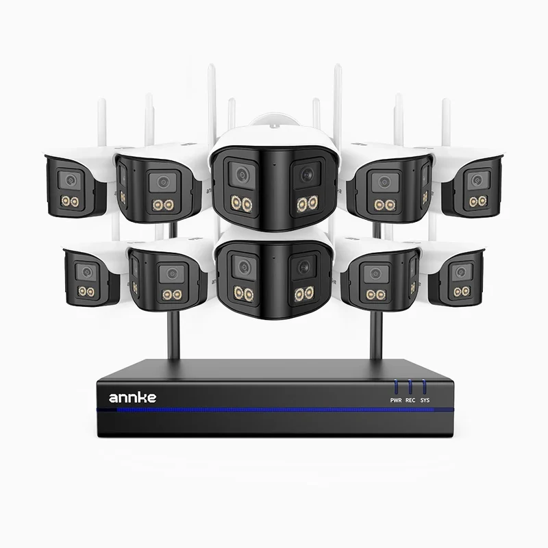 WSCD400P - Kit vidéo surveillance sans fil 4MP à 16 canaux avec 10 caméras double objectif, angle 170°, WiFi bi-bande 2,4/5 GHz, vision nocturne en couleur, détection de mouvement, audio bidirectionnel, compatible avec Alexa